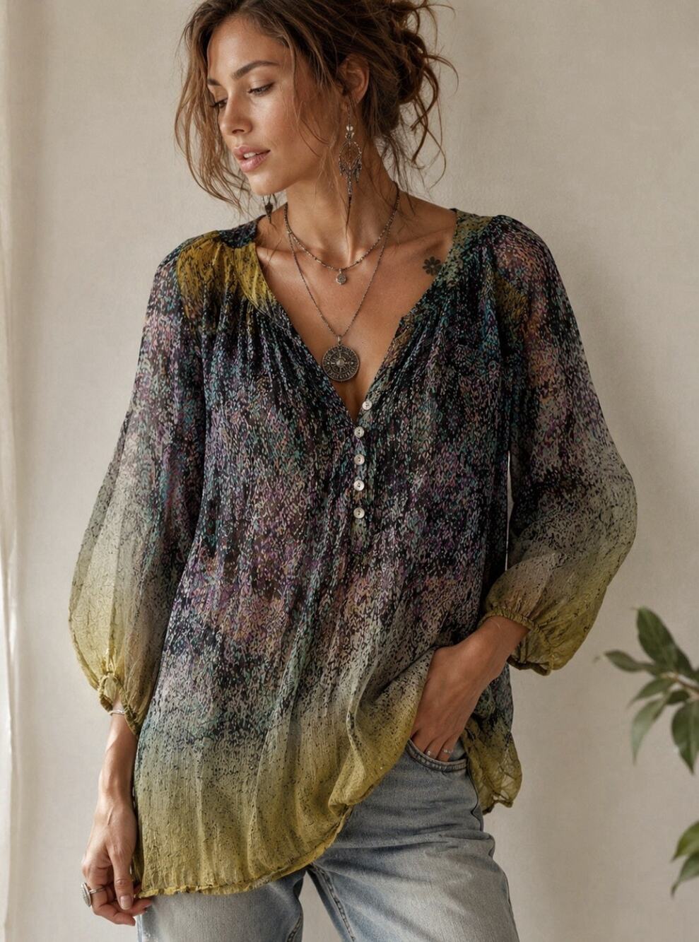 Casual Studio XL Boho Sheer Rayon Tunic Blouse India Watercolor Print Green Purp